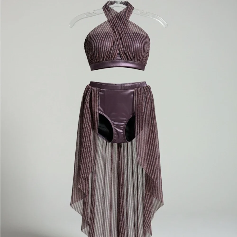 Double Platinum purple shimmer Halter Crop Top and Skirt Kids Dance Costume‎ AXS